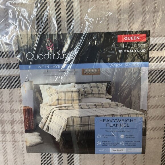 Cuddl Duds Queen Heavyweight Flannel Sheet Set Neutral Plaid Queen Size - Picture 3 of 6